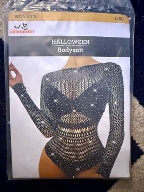 Celebrate Black Rhinestone Mesh Long-Sleeve Bodysuit